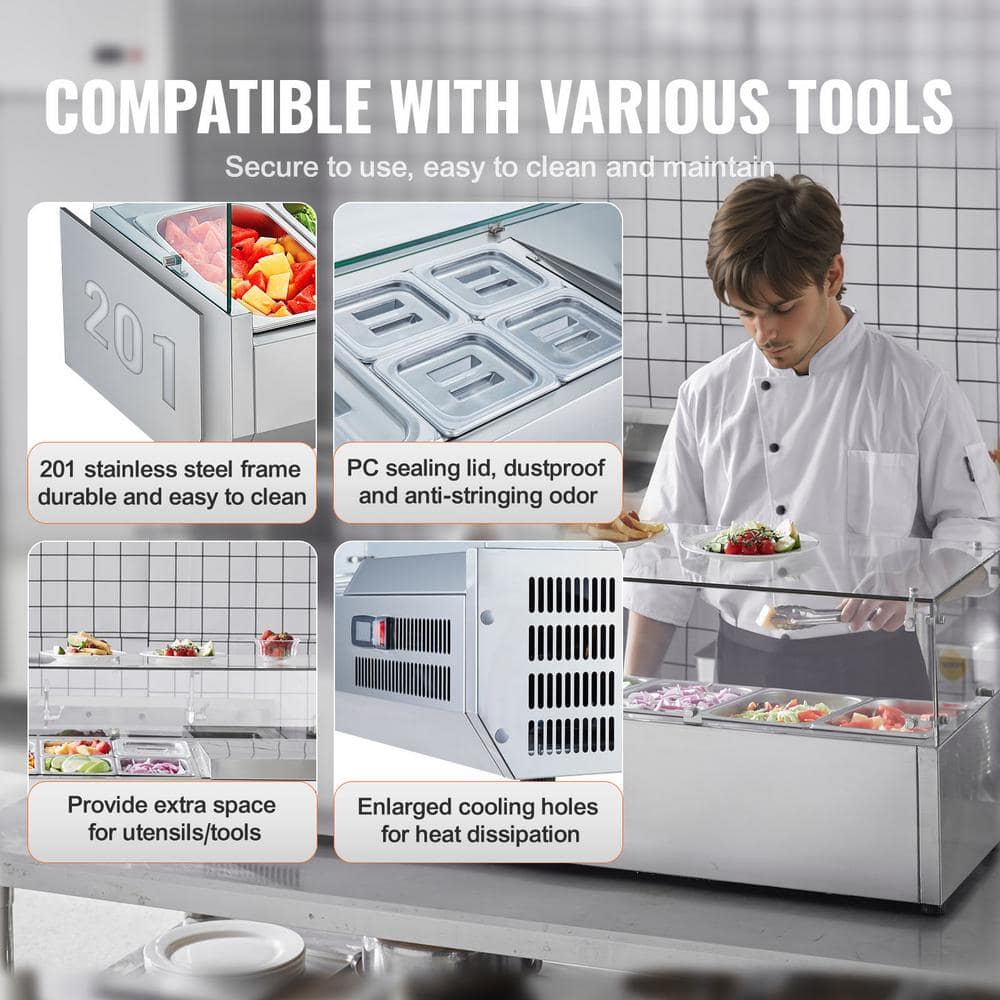 51'' Stainless Steel Refrigerated Condiment Prep Station with Glass Guard