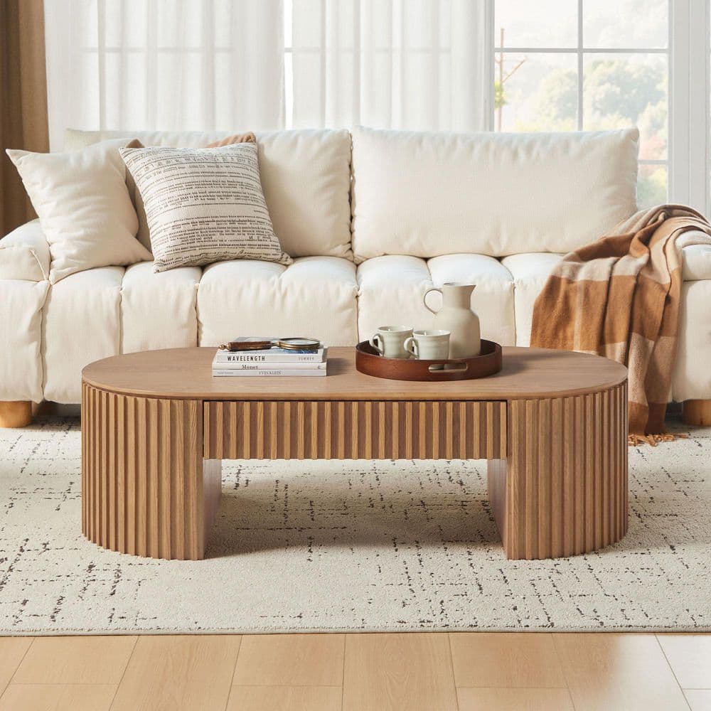 Noble House Neil Modern 51.18 in. Oak Oval MDF Wood Coffee Table