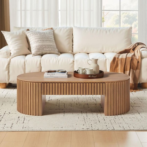 Neil Modern 51.18 in. Oak Oval MDF Wood Coffee Table with Drawer and Pedestal Base