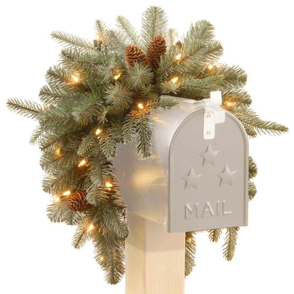 National Tree Company 36 in. Frosted Arctic Spruce Artificial Christmas Swag for Mailbox with Battery Operated Warm White LED Lights