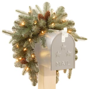 36 in. Frosted Arctic Spruce Mailbox Swag with Battery Operated Warm White LED Lights