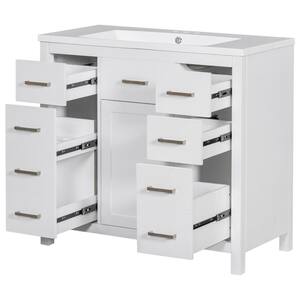 36"W White Free-Standing Resin Top Bathroom Vanity Cabinet with 5 Drawers