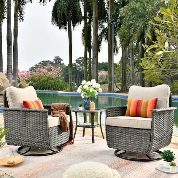 OVIOS Fortune Dark Gray 3-Piece Wicker Outdoor Patio Conversation Set with Beige Cushions and Swivel Chairs
