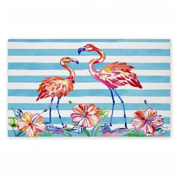 Brushstroke Flamingo Stripes Blue 18 in. x 30 in. Polyester Non-Slip Outdoor Door Mat