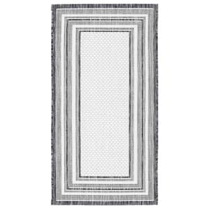 Courtyard Ivory/Black Doormat 2 ft. x 4 ft. Solid Color Striped Indoor/Outdoor Area Rug