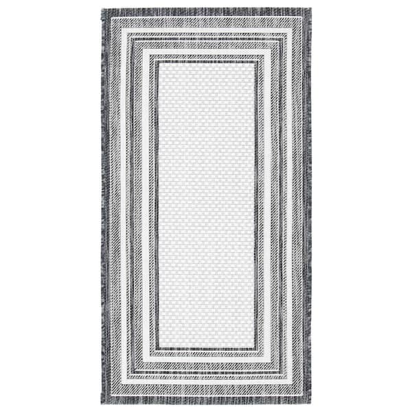 SAFAVIEH Courtyard Ivory/Black Doormat 2 ft. x 4 ft. Solid Color Striped Indoor/Outdoor Area Rug
