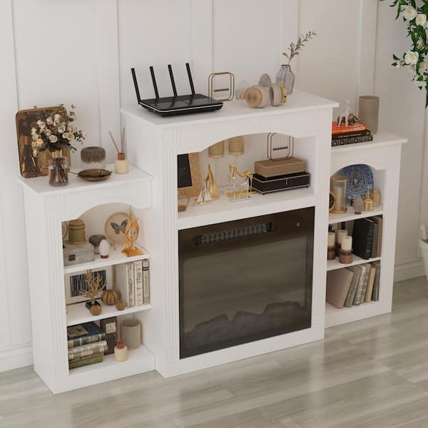 White TV Stand Entertainment Center Fits TV's up to 60 in. W with Electric Fireplace and 7 Open Shelves