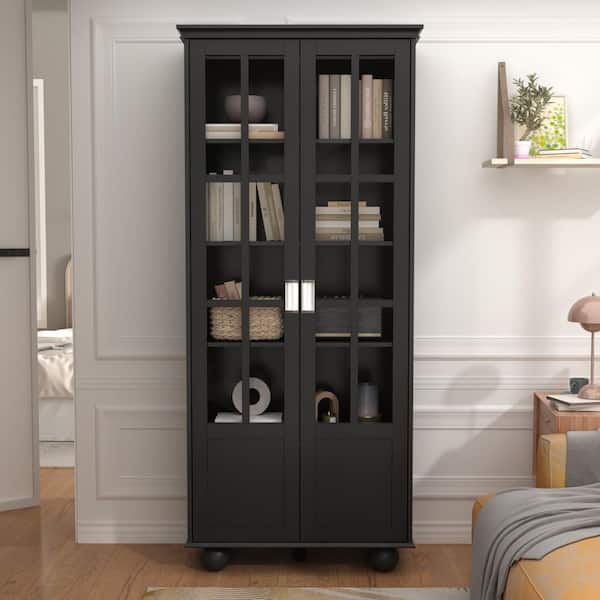 FUFU&GAGA 72.3 in. Tall Black Wood 5-Shelf Standard Bookcase with Ball-Shape Legs and Visable Doors