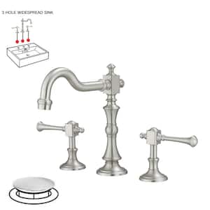 8 in. Widespread Double Handle 3 Hole Bathroom Faucet Water-Saving With Metal Drain In Brushed Nickel