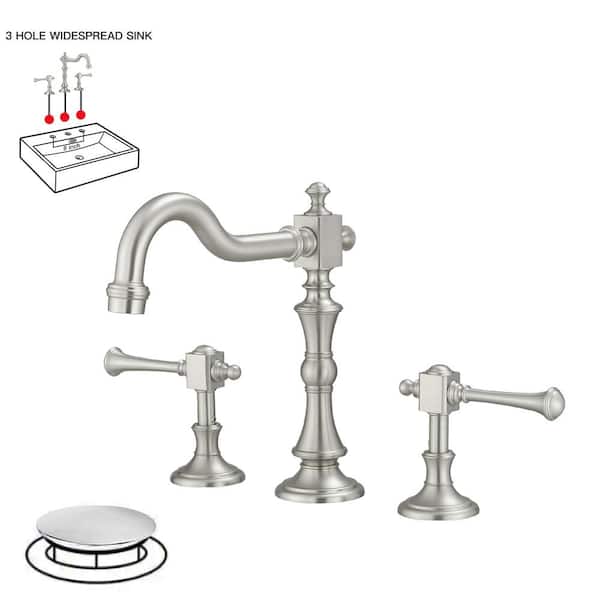 BWE 8 in. Widespread Double Handle 3 Hole Bathroom Faucet Water-Saving With Metal Drain In Brushed Nickel