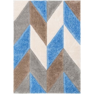 Lolly Mika Grey Light Blue 3 ft. 11 in. x 5 ft. 3 in. Retro Chevron 3D Textured Shag Area Rug