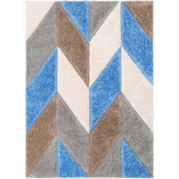 Well Woven Lolly Mika Grey Light Blue 3 ft. 11 in. x 5 ft. 3 in. Retro Chevron 3D Textured Shag Area Rug