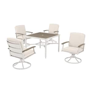 Marina Point 5-Piece White Steel Outdoor Patio Dining Set with CushionGuard Almond Tan Cushions & Painted Steel Tabletop
