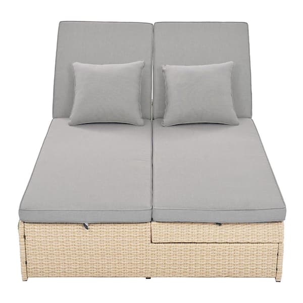 Sudzendf 2-Person Brown Wicker Rattan Outdoor Patio Outdoor Recliner Double Sun bed Chair with Gray Cushions