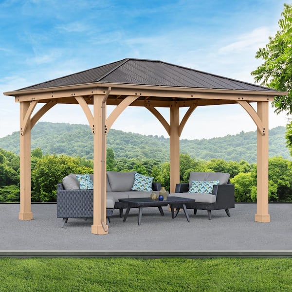 Meridian 10 ft. x 12 ft. Outdoor Patio Shade Gazebo with Coffee Brown Aluminum Roof and Rain Gutter Kit Bundle Included