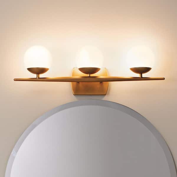 Jasper 24.5 in. 3-Light Natural Brass Halogen Mid-Century Modern Bathroom Vanity Light with Etched Glass Shade