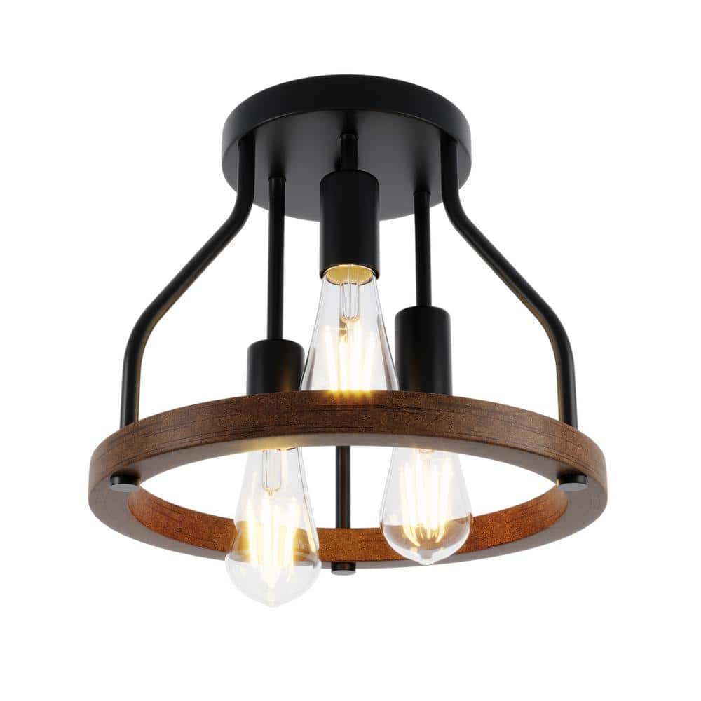 12.59 in. 3-Light Black Semi-Flush Mount Ceiling Light Farmhouse Industrial