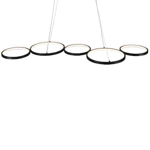 40.5 in. W Modern 5 Rings Black Chandelier Selectable LED Flush Mount Ceiling Light with PVC Shade Adjustable Chain