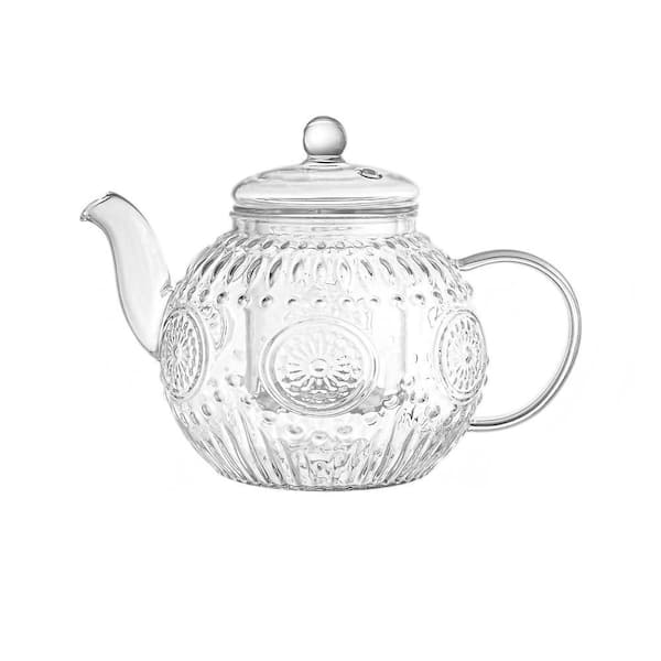 Vintage 4-Cup Clear Heat-Resistant Borosilicate Glass Teapot with Removable Glass Infuser, Stovetop and Microwave Safe