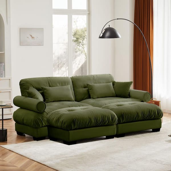 Dalton 93.7 in. Velvet Upholstered Rectangle Sectional Sofa in. Olive Green with 2 Ottomans, Blostered Armrests, Pillows