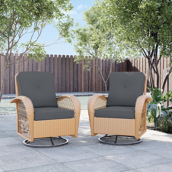 UPHA Yellow Wicker Outdoor Rocking Chair Patio Swivel Chair with Gray Cushion (Set of 2)
