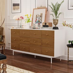 Brown 12-Drawer Wood Dresser Bedroom Chest of Drawer 31.5 in. H x 63 in. W x 15.7 in. D