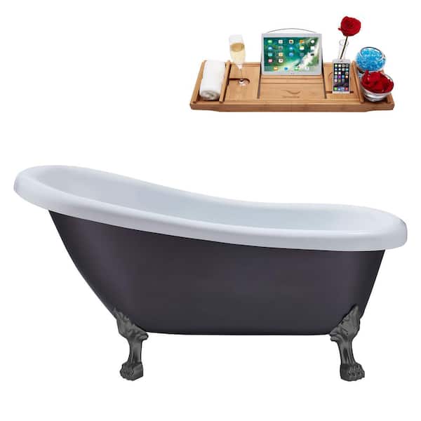 Streamline 61 in. Acrylic Clawfoot Non-Whirlpool Bathtub in Matte Grey With Brushed Gun Metal Clawfeet And Polished Chrome Drain