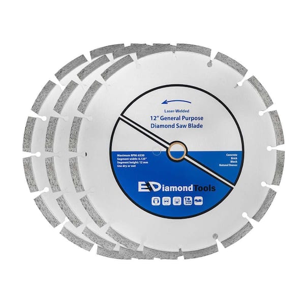 12 in. Laser Welded Segmented Rim Diamond Saw Blade for Concrete Brick Block, Masonry and Stone, 1 in. Arbor (3-Pack)