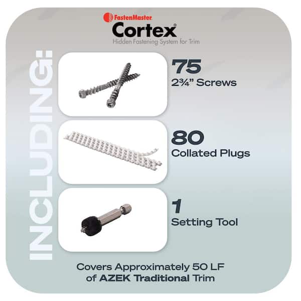 FastenMaster Collated Cortex Hidden Fastening System for AZEK Trim – 2-3/4  inch Cortex screws and plugs – Traditional (50 LF) FMCTXTCL234-A5TDHD - The  Home Depot