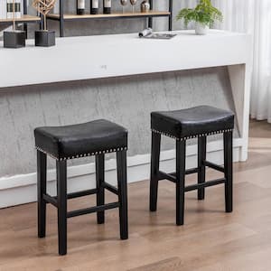 Retro Black 26" Faux Leather Upholstered Wood Frame Bar Stool with Footrest Bar Chair Dining Stool Side Chair (Set of 2)