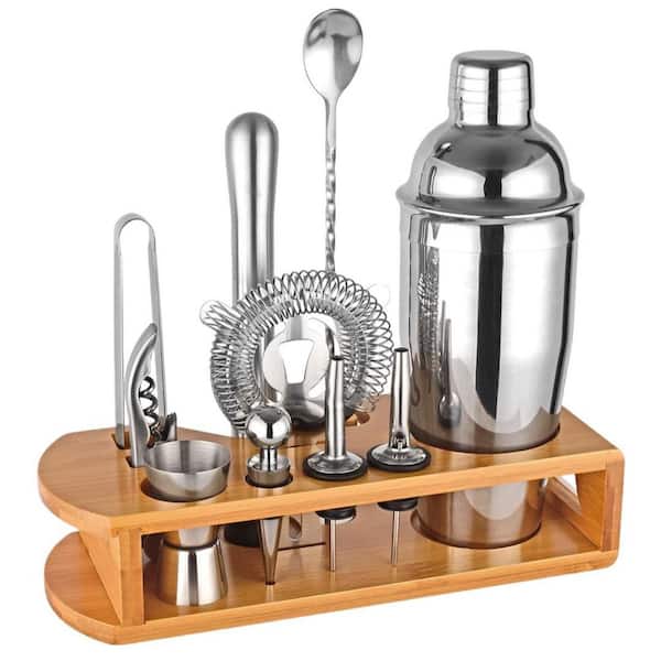 12-Piece Silver Stainless Steel 24 oz. Cocktail Shaker Set Bartender Kit with Bamboo Stand for Bar, Home, Lounge, Party