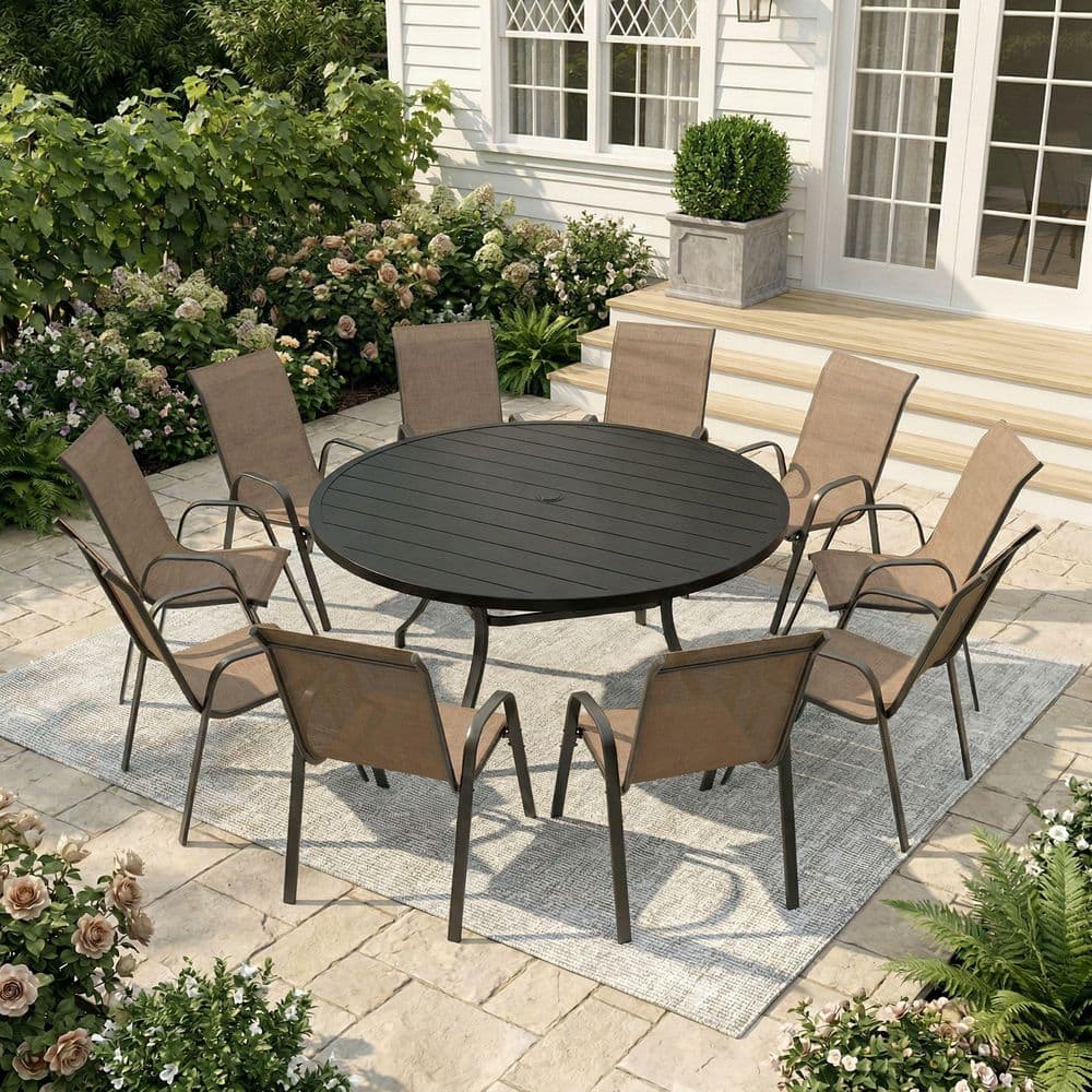 11-Piece Metal Outdoor Dining Set with 60 in. Black Round Dining Table and 10 Brown Stackable Textilene Chairs price history on PriceWatchPro