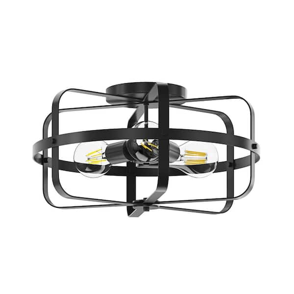 aiwen 14.17 in. 3-Light Industrial Black Flush Mount Farmhouse Metal Ceiling Light Fixture