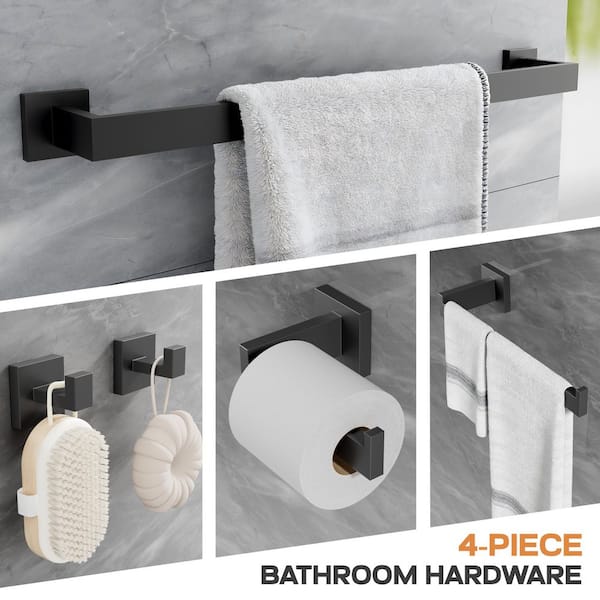 5-Piece Bath Hardware Set with Towel Bar Hand Towel Holder Toilet Paper Holder Towel Hook Modern Square in Matte Black