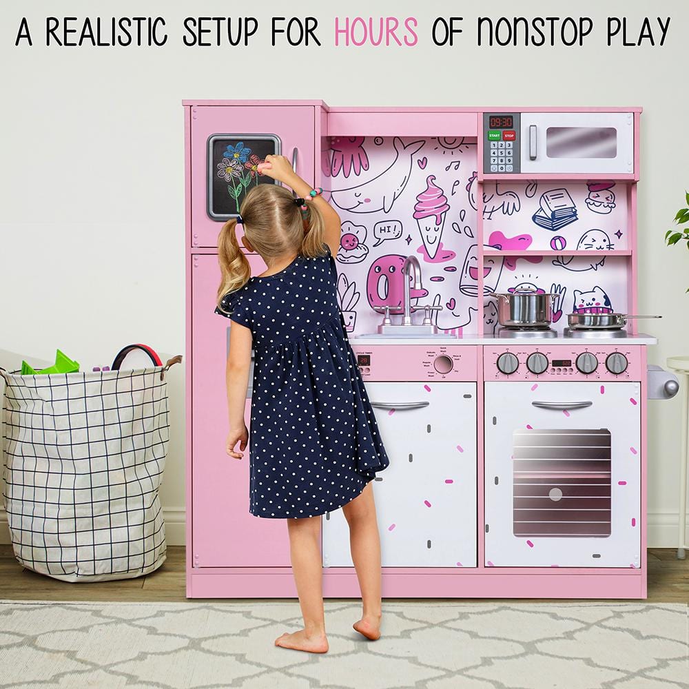 Pink Wooden Play Kitchen Set with Realistic Sounds