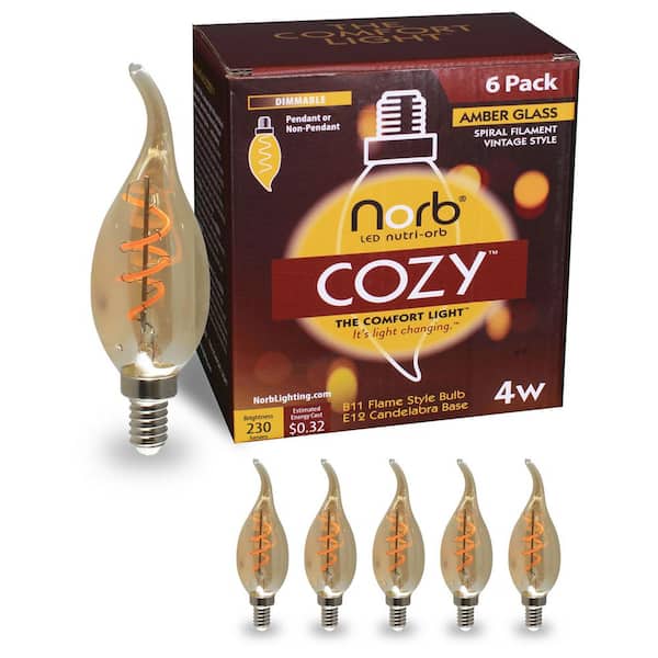 NorbCOZY 4W Equivalent Relaxing Amber B11 2200K Dimmable Warm Amber Spiral Cozy Vintage Edison LED Light Bulb (6-Pack)