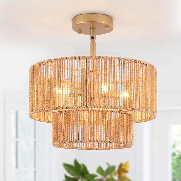 TinHon 16 in. Boho 4-Light Gold Semi-Flush Mount Ceiling Light with Natural Rope Double Drum Shade for Bedroom, Living Room