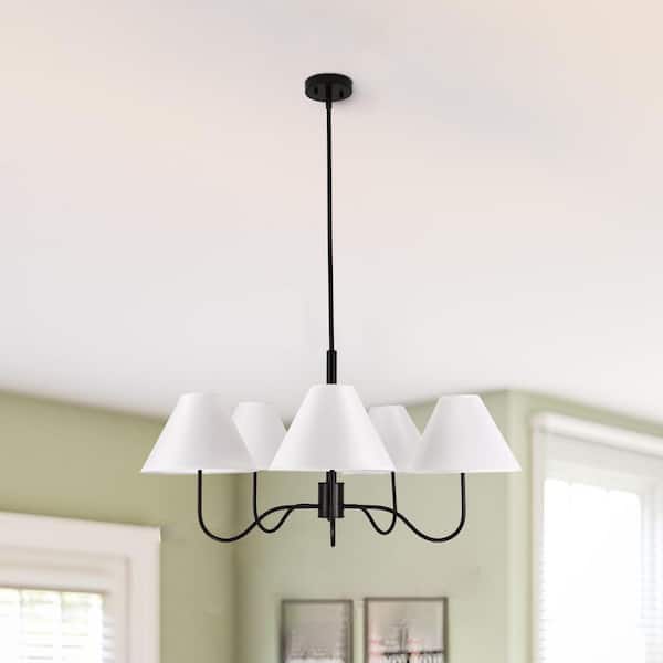 5-Light Matte Black Sputnik Chandelier with White Fabric Shade for Living Room Bedroom
