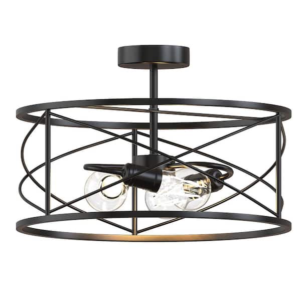 YANSUN 3-Light Matte Black Farmhouse Semi-Flush Mount Ceiling Light, Retro Industrial Drum Cage Light for Foyer, Living Room