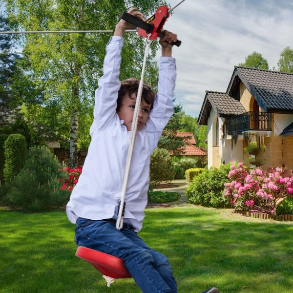 Zip Line Trolley 160 ft. Warrior Obstacle Course with Seat, Brake and Steel Trolley Zipline Kits for Backyard, Red