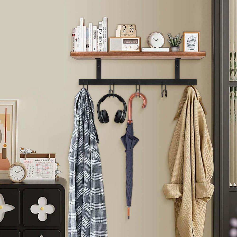Black Wall Mounted Coat Rack with Wooden Shelf, Heavy Duty Wall