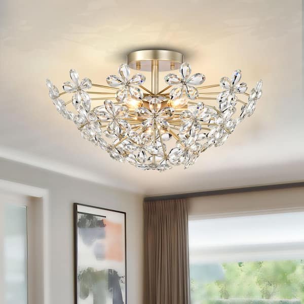 Teresa 22.4 in. 6-Light Brushed Silver-ish Champagne Flower Crystal Large Size Flush Mount