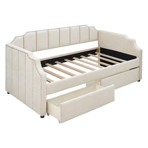 Beige Twin Size Upholstered Daybed with Drawers, Wood Slat Support ...