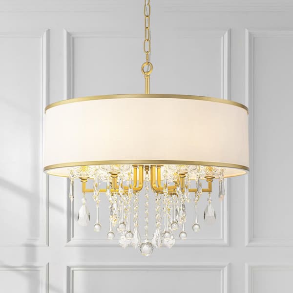 Orlen 23.6 in. 6-Light Painted Gold Boho Drum Crystal Chandelier with Ivory Fabric Shade