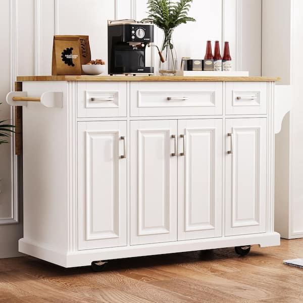 White Wood 54 in. Large Kitchen Island on Wheels with Drop Leaf and Storage