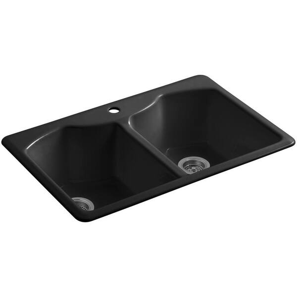 KOHLER Bellegrove Drop-In Cast-Iron 33 in. 1-Hole Double Bowl Kitchen Sink with Accessories in Black Black