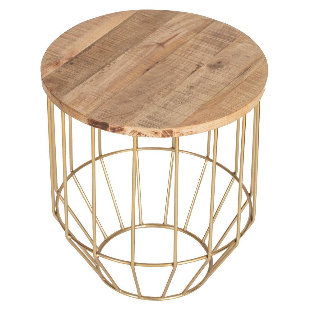 Madeleine Home Kelis 18 In Gold Cage Round Natural Wood Side Table Mh Tb 845