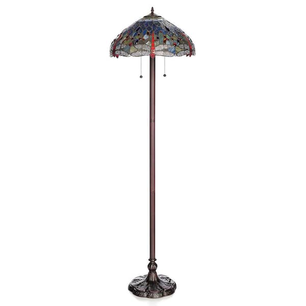 Warehouse of Tiffany 62 in. Brass Dragonfly Stained Glass Floor Lamp with Pull Chain Switch