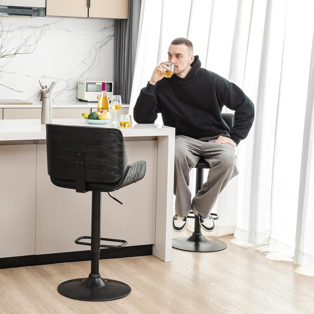 Black Adjustable Height Swivel Bar Stools with Leather and Metal