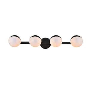 Simply Living 29 in. 4-Light Modern Black Vanity Light with Frosted White Round Shade